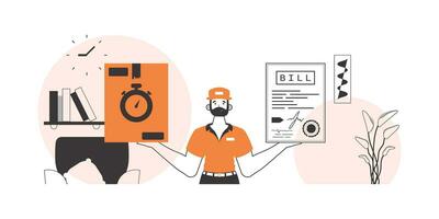 The guy holds a parcel and a check in his hands. Delivery concept. Linear modern style. vector