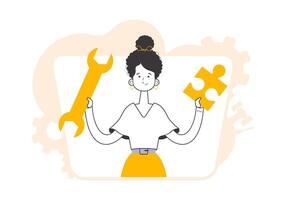 The girl is holding a wrench and a puzzle. Teamwork theme. Linear modern style. vector