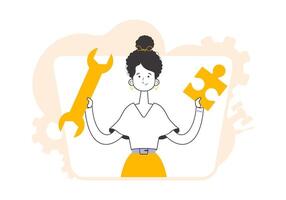 The girl is holding a wrench and a puzzle. Teamwork theme. Linear modern style. vector