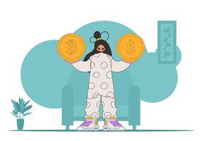 The girl holds a dollar and bitcoin in her hands. Theme of interaction with digital monetary assets. vector