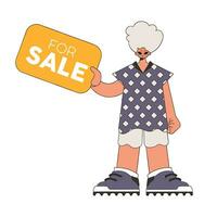 The boy is holding a Poster For Sale. Attractive bright style. vector