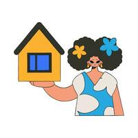 Realtor girl holding a house. Selling and owning a house. vector