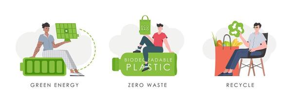 Set of men characters on the theme of ecology. trendy style. Illustration in . vector