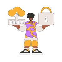 Person with secure cloud data and padlock. vector