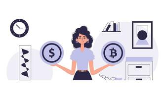 Cryptocurrency concept. A woman holds in her hands a bitcoin and a dollar in the form of coins. Character in trendy style. vector