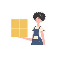 The woman is depicted waist-deep and holding a parcel in her hands. Delivery concept. Isolated. Vector illustration.