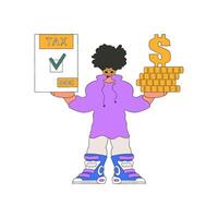 A neat man holds a tax form and coins in his hands. The topic of paying taxes. vector