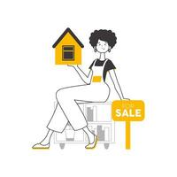 Realtor woman. Lineart. Isolated. Vector illustration.