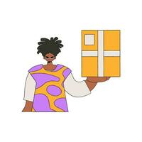 Charming man holding a box. The essence of delivering packages and freight. vector