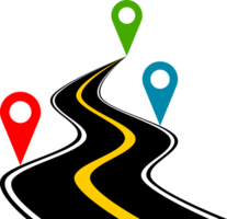 Black asphalt winding road with location pin icon png