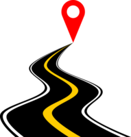 Black asphalt winding road with red location pin icon png