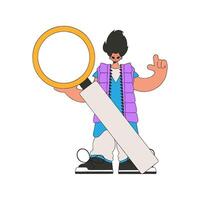 The man is holding a magnifying glass. Search for the necessary information on the Internet. Retro style character. vector