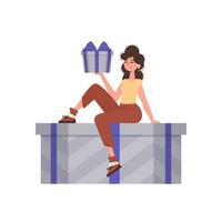 un mujer se sienta en un regalo caja. moderno personaje estilo. vector