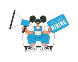 A young woman sits in a chair and holds a megaphone. Good for job search topics. vector