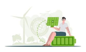 Eco energy concept. The guy sits on a battery and holds a solar panel in his hands. . trendy style. vector
