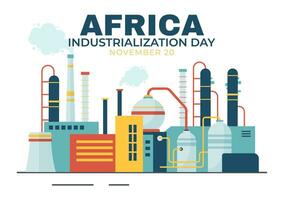 africano industrialización día vector ilustración de fábrica edificio operando con chimeneas en el centrar de el ciudad en plano dibujos animados antecedentes