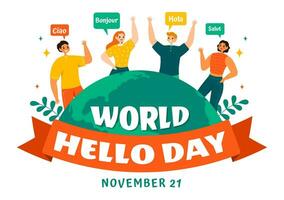 mundo Hola día vector ilustración en noviembre 21 de habla burbujas con diferente idiomas desde todas terminado el país en plano dibujos animados antecedentes