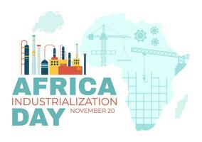 African Industrialization Day Vector Illustration of Factory Building Operating with Chimneys in the Center of the City in Flat Cartoon Background