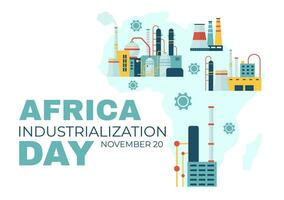 African Industrialization Day Vector Illustration of Factory Building Operating with Chimneys in the Center of the City in Flat Cartoon Background