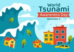 mundo tsunami conciencia día vector ilustración en 5 5 noviembre con olas golpear casas y edificio paisaje en plano dibujos animados antecedentes plantillas