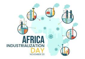 africano industrialización día vector ilustración de fábrica edificio operando con chimeneas en el centrar de el ciudad en plano dibujos animados antecedentes