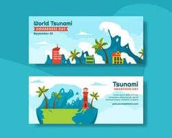 World Tsunami Awareness Day Horizontal Banner Cartoon Hand Drawn Templates Background Illustration vector