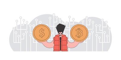 hombre participación bitcoin y dólar. criptomoneda tema. vector