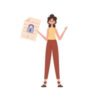 A woman holds a contract or document in her hand. Smart contract concept. Data protection. Trend style character. vector