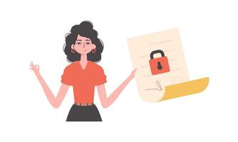 A woman is holding a contract or document. Data protection. Smart contract. Trend style character. vector