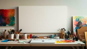 Artist's workspace with blank canvas and art supplies AI Generative photo