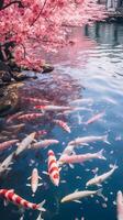 Ethereal image of a tranquil koi pond surrounded by blooming cherry blossoms photo