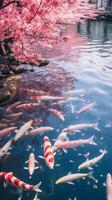 Ethereal image of a tranquil koi pond surrounded by blooming cherry blossoms AI Generative photo