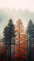 Misty forest during autumn with tall trees and multicolored leaves, providing ample copy space photo