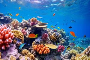 Enchanting underwater scene of a vibrant, multi-colored coral reef teeming with diverse fish AI Generative photo