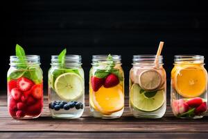 Trendy Assortment of Detox Fruit Water in Vibrant Mason Jars on a Rustic Wooden Tabletop AI Generative photo