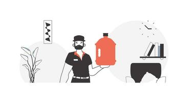 Loader with a large bottle of water in his hands. Water delivery concept. Linear style. vector