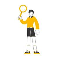 The guy is holding a magnifying glass in his hands. Search concept. Lines modern style. Isolated. Vector illustration.