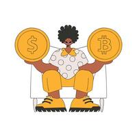 A man holds a dollar and bitcoin coin in his hands. Character trendy style. vector