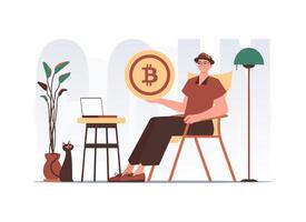 The concept of mining and extraction of bitcoin. The guy sits in a chair and holds a bitcoin in his hands. Character in trendy style. vector