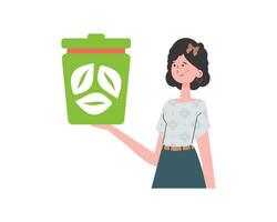 el niña es representado hasta la cintura y participación un urna en su manos. el concepto de reciclaje y cero desperdiciar. aislado en blanco antecedentes. vector ilustración plano de moda estilo.