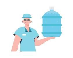 A man is holding a bottle of water. Delivery concept. The trendy character is shown to the waist. Isolated on white background. Vector illustration.