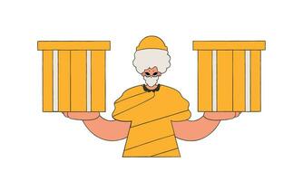 Charming man holding boxes in his hands. Parcel and cargo transportation. vector