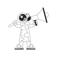 A qualified HR specialist woman holds a megaphone and a magnifying glass in her hands. HR topic. Linear newspaper black and white style. vector