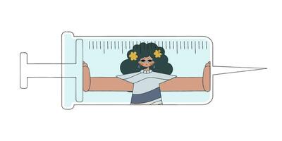 The woman is inside the syringe. Drug addiction. vector