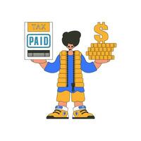 A well-dressed man holds a tax form and coins in his hands. The topic of paying taxes. vector