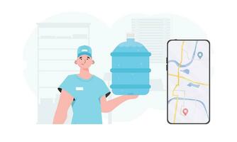 A man is holding a bottle of water. Delivery concept. Cartoon style character is depicted to the waist. Vector. vector