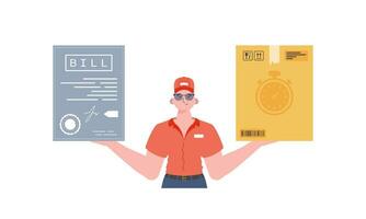 Male courier holds parcel and check. Home delivery concept. Isolated. Trendy flat style. Vector. vector