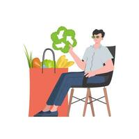 A man is sitting next to a bag of healthy food and is holding an EKO icon. Isolated. Trend style, vector illustration.