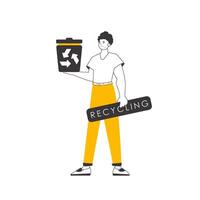 The guy is holding a trash can. The concept of recycling plastic and waste. Linear style. Isolated on white background. Vector illustration.