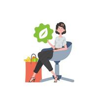 A girl sits next to a bag of healthy food and redirects the EKO icon. Isolated. Trend style, vector illustration.